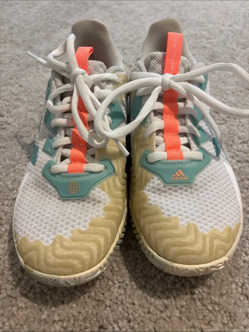 Adidas sole match control White and Teal Athletic Sneakers with Coral Accents